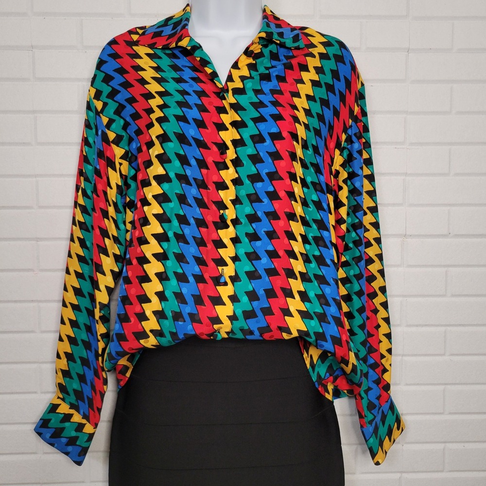 Adrianna Papell Silk Blouse sz 4 button front top bright maximalist office